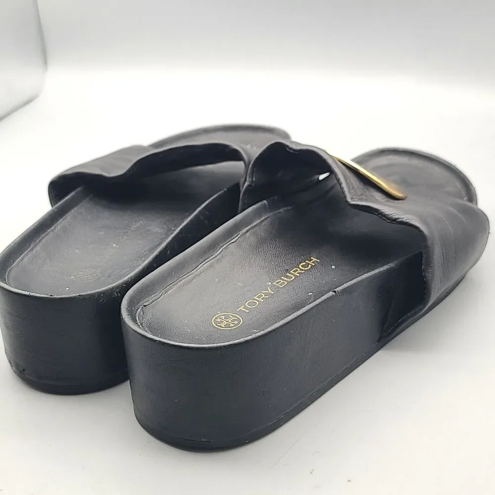 Tory Burch Black Leather Slide Sandals with Gold Medallions